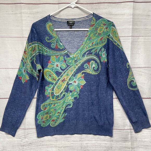 Talbots Collections Paisley V-neck Pure Italian Merino Wool Sweater Sz Petite L - Picture 1 of 9
